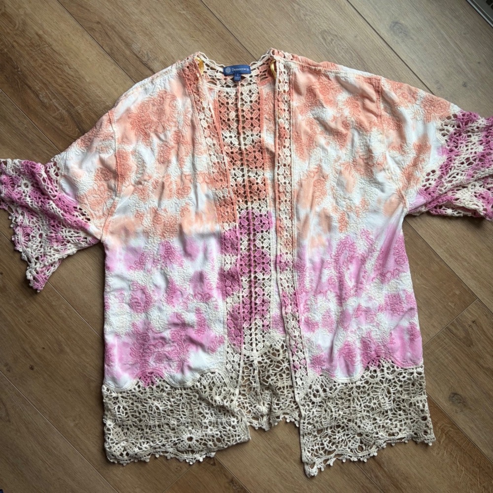 Democracy Kimono Cardigan Womens Large Pink Ivory Crochet Lace Boho Open Front